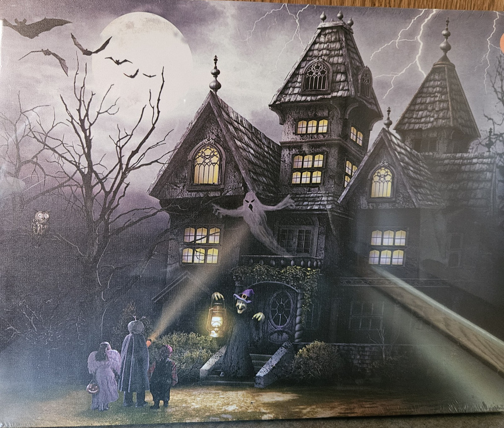 Spooky Halloween Haunted House Canvas Lights & Sounds Wall Art 20 x 15" Motion